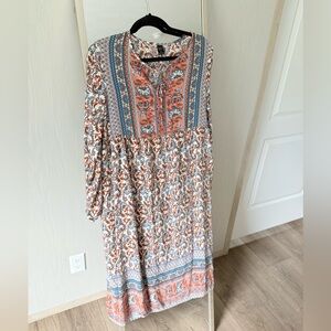 Bohemian Floral Long Sleeve Dress - Orange and Blue